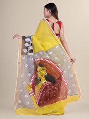 Yellow & Multi Cotton Hand painted Saree