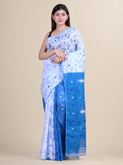 White & Blue Cotton Jamdani Saree