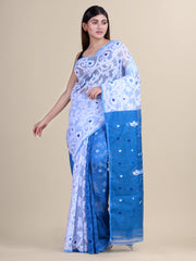White & Blue Cotton Jamdani Saree
