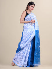 White & Blue Cotton Jamdani Saree