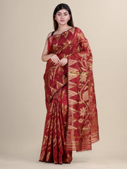Maroon & Golden Silk Cotton Jamdani Saree
