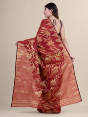 Maroon & Golden Silk Cotton Jamdani Saree