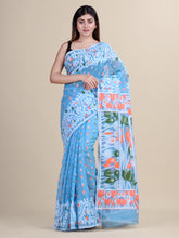 Sky Blue & Orange Cotton Jamdani Saree
