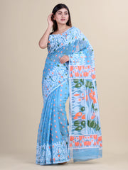 Sky Blue & Orange Cotton Jamdani Saree