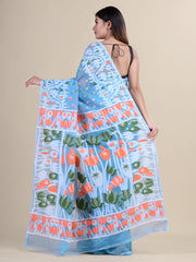 Sky Blue & Orange Cotton Jamdani Saree