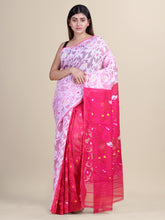 White & Deep Pink Cotton Jamdani Saree