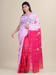 White & Deep Pink Cotton Jamdani Saree
