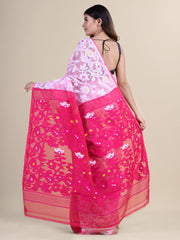 White & Deep Pink Cotton Jamdani Saree