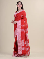 Red & Silver  Linen  saree