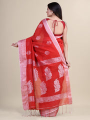 Red & Silver  Linen  saree