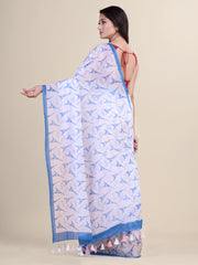 White & Blue Cotton Handloom Saree