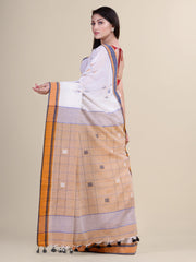 White & Brown Cotton Handloom Saree