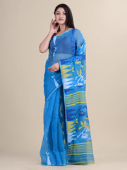 Laa Calcutta Blue & Multi pure cotton jamdani saree