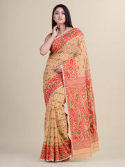 Orange & White Pink Cotton Jamdani Saree