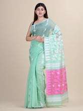 Laa Calcutta Sea Green & Pink Silk cotton jamdani saree