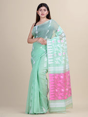 Laa Calcutta Sea Green & Pink Silk cotton jamdani saree