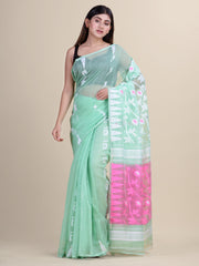 Laa Calcutta Sea Green & Pink Silk cotton jamdani saree