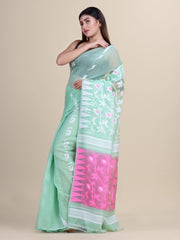 Laa Calcutta Sea Green & Pink Silk cotton jamdani saree