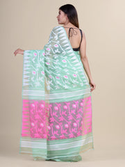 Laa Calcutta Sea Green & Pink Silk cotton jamdani saree