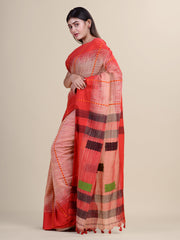 Red & Brown Cotton Handloom Saree