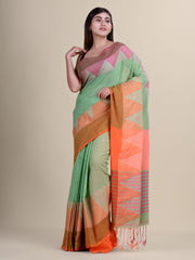 Green & Orange  Cotton Handloom Saree