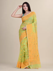 Mustard Yellow & Green Cotton Jamdani Saree