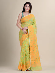 Mustard Yellow & Green Cotton Jamdani Saree