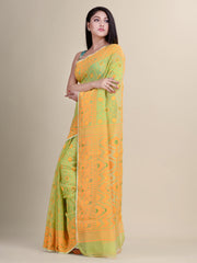 Mustard Yellow & Green Cotton Jamdani Saree