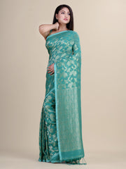 Sea Green & Golden  Linen  saree