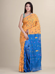 Yellow & Blue Cotton Jamdani Saree