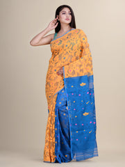 Yellow & Blue Cotton Jamdani Saree