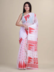 White & Red Cotton Jamdani Saree
