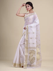 White & Golden Silk Handloom  saree