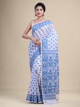 White & Blue Cotton Jamdani Saree