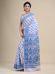White & Blue Cotton Jamdani Saree