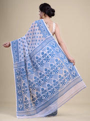 White & Blue Cotton Jamdani Saree