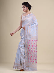 Sky Blue & Pink pure cotton jamdani saree