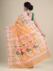 Orange & White Cotton Jamdani Saree