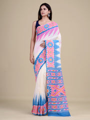White & Pink Pure Cotton Handloom Saree