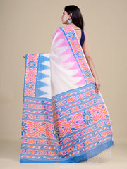 White & Pink Pure Cotton Handloom Saree