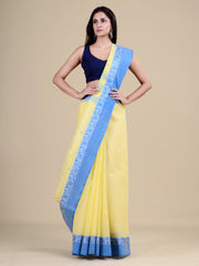 Yellow & Blue pure cotton taant saree