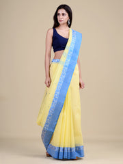 Yellow & Blue pure cotton taant saree