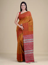 Mustard Yellow & Brown Pure Cotton Handloom Saree