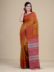 Mustard Yellow & Brown Pure Cotton Handloom Saree