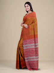 Mustard Yellow & Brown Pure Cotton Handloom Saree