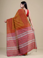 Mustard Yellow & Brown Pure Cotton Handloom Saree