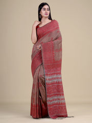 Beige & Red Pure Cotton Handloom Saree