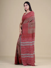 Beige & Red Pure Cotton Handloom Saree