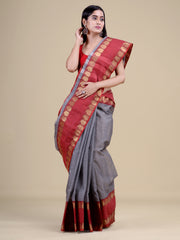 Grey & Red  pure cotton  taant saree