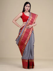 Grey & Red  pure cotton  taant saree
